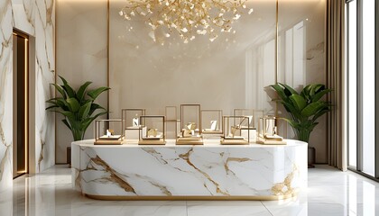 Elegant gold and white marble podium showcasing luxury products against a sophisticated beige backdrop with generative AI design elements