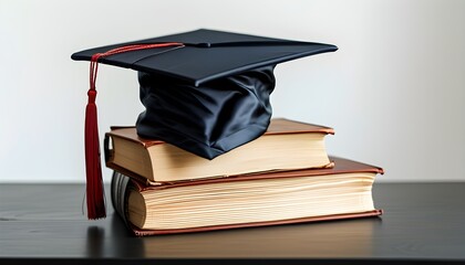 Wall Mural - Graduation cap and diploma alongside stacked books on a dark table with a contrasting white background