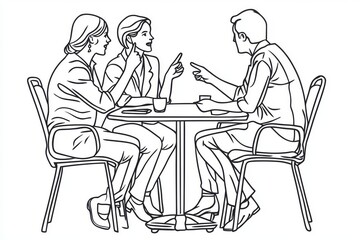 An illustration of group of office workers discussing together. One continuous line art style.