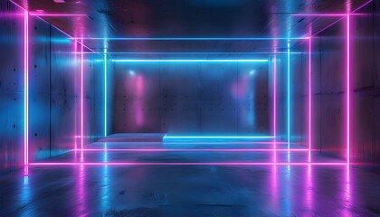 Wall Mural - Futuristic sci-fi stage with reflective concrete and glowing neon tubes in vibrant purple and blue, creating an ethereal empty space ambiance