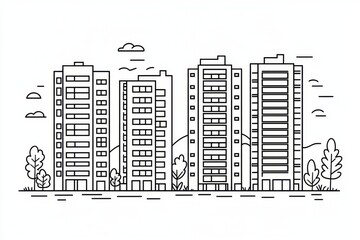 Drawing of a modern apartment building in a modern city. Graphic design of home architecture. Continually drawn line drawing drawing on a modern illustration.