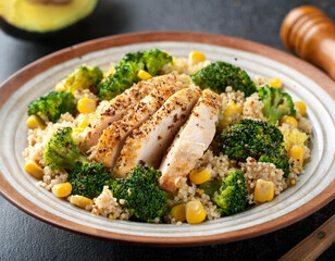 Chicken breast on a bed of vegetable rice on a checked tablecloth.