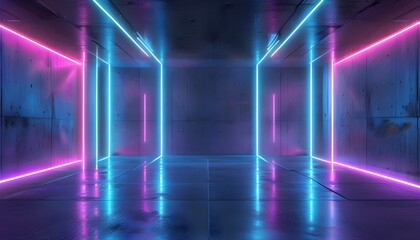 Wall Mural - Futuristic sci-fi stage with reflective concrete and glowing neon tubes in vibrant purple and blue, creating an ethereal empty space ambiance