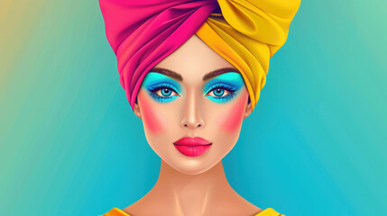 Poster - A stunning woman adorned in a vivid turban, showcasing bold makeup in a lively, modern cartoon illustration style.