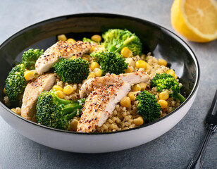 Chicken breast on a bed of vegetable rice on a checked tablecloth.