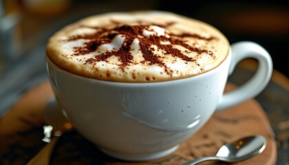 Wall Mural - Delicate swirl of cappuccino and creamy milk foam in a captivating close-up perspective