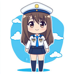 Poster - A cheerful chibi character with long dark brown hair, dressed in a pilot uniform, surrounded by fluffy clouds.