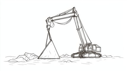 Wall Mural - An illustration of a crawler crane in continuous line and one line of the crane looking out over a construction site. A heavy equipment vehicle construction concept in a graphic design.