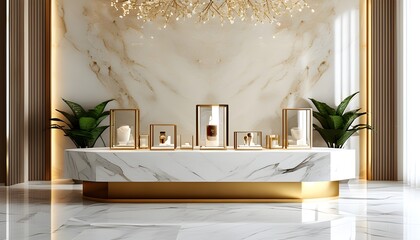 Wall Mural - Elegant gold and white marble podium showcasing luxury products against a sophisticated beige backdrop with generative AI design elements