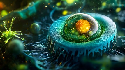 A microscopic view of a cell with a nucleus, surrounded by other cells and a glowing structure.