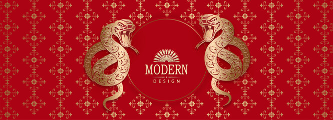Wall Mural - Red background with golden pattern, snakes and round frame isolated.