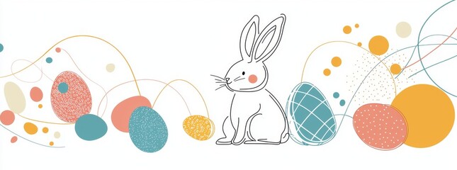 Wall Mural - a line drawing of easter eggs and a rabbit in a simple linear style. it can be edited for the stroke