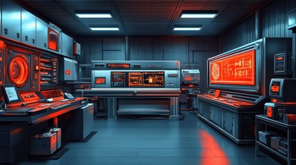 Poster - Futuristic Control Room Interior with Red and Blue Lighting