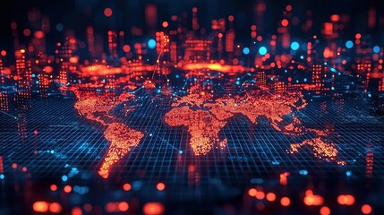 Canvas Print - Global Network Connection  World Map with Red Lights  Digital Technology