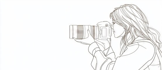 Modern illustration of woman taking pictures with DSLR camera, drawn in continuous single lines