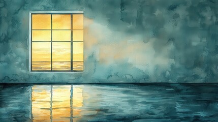 Poster - Watercolor Painting of a Window with a View of the Sea at Sunset