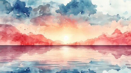 Wall Mural - Watercolor Sunset Landscape with Mountains and Sea Reflection