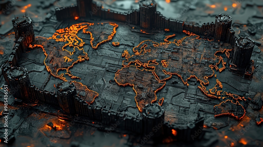 Surrouding Map A map of the world surrounded by high walls labeled