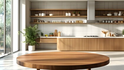 Wall Mural - Stylish wooden round tabletop counter in a bright, clean kitchen, perfect for showcasing products and creating engaging banners.