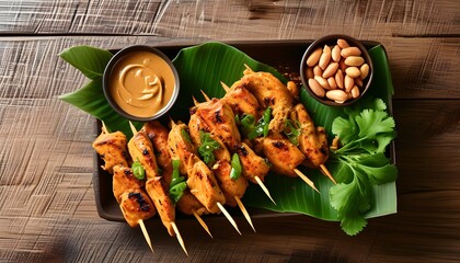 Wall Mural - Delicious Chicken Satay with Peanut Sauce in a Top View Presentation