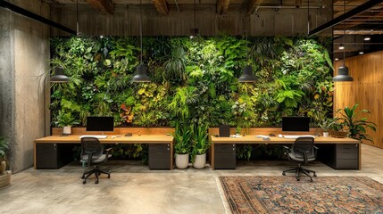 Poster - Modern Office Interior with Green Wall  Desks  and Chairs