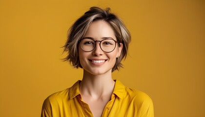 Canvas Print - Confident woman with short hair and glasses in a vibrant yellow shirt, set against a matching background, ideal for professional design and promotional materials