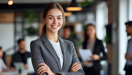 Wall Mural - Confident young businesswoman in grey suit, smiling in a professional office setting with colleagues in the background