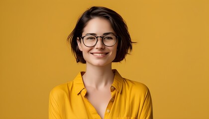 Canvas Print - Confident woman with short hair and glasses in a vibrant yellow shirt, set against a matching background, ideal for professional design and promotional materials