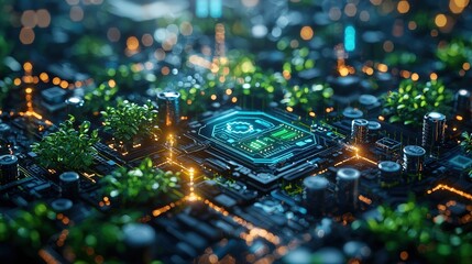 Poster - Futuristic Green Tech Circuit Board with Plants and Bokeh