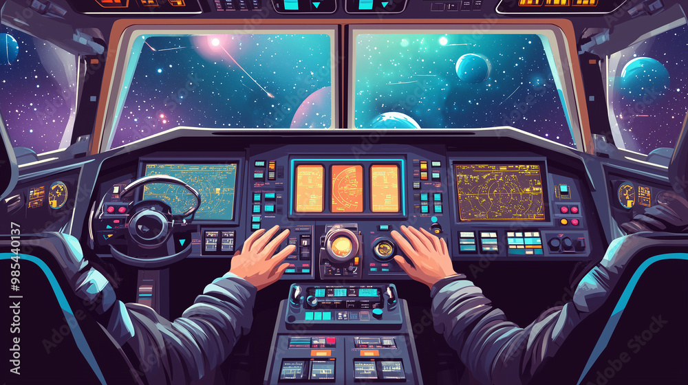 Spaceship cockpit interior with male pilot hands on control panel ...