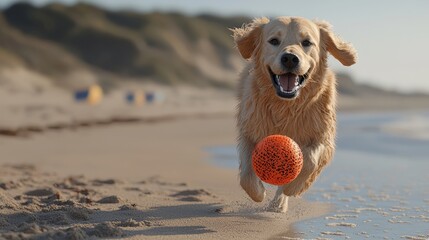 Wall Mural - Golden Retriever Dog Running on Beach with Ball