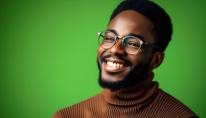 Wall Mural - Joyful African Man in Glasses and Turtleneck Against Lush Green Backdrop