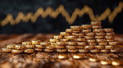 Sticker - Gold Bars Stacked on Wooden Surface with Blurred Chart in Background