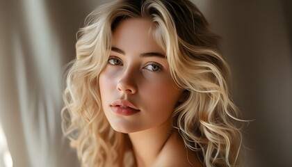 Wall Mural - Elegant studio portrait of a young blonde woman with wavy hair and natural makeup, gazing into the camera with a soft light backdrop