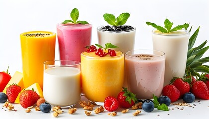 Wall Mural - colorful assortment of delicious milkshakes isolated on white background