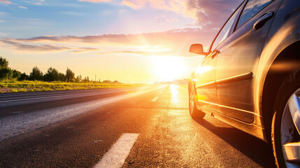 Lone car driving on deserted highway at sunset, road stretching into horizon with golden light reflecting off hood, sharp silhouette against vibrant sky, emphasizing solitude and freedom.