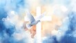 © Jing - Watercolor illustration for whit monday with a white dove in flight against a a radiant white cross in clouds