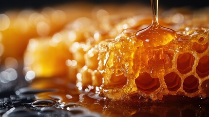 Wall Mural - Close-up of honeycomb dripping with golden honey.