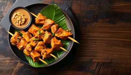 Wall Mural - Delicious Chicken Satay with Peanut Sauce in a Top View Presentation