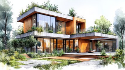 Wall Mural - Modern Home Design with Green Roof and Garden