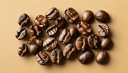 Richly roasted coffee beans arranged elegantly on a soft, neutral backdrop