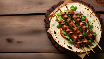 Wall Mural - Savory Turkish Doner Kebab Wrapped in Fresh Tortilla with Flaked Spit Roasted Meat and Crisp Salad on Rustic Wood Background