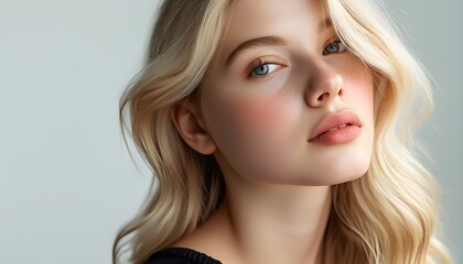 Wall Mural - Radiant close-up of a young blonde woman in a black top, highlighting natural beauty and skincare against a clean white backdrop