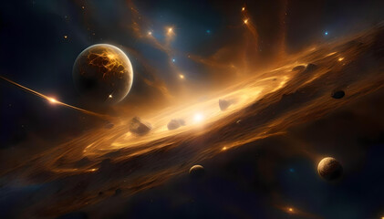 golden planet explosion with asteroids in space