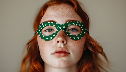 Sticker - Young woman with red hair and freckles wearing vibrant green heart-shaped eye patches on neutral backdrop