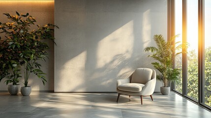 Poster - Modern Living Room Interior with Armchair  Plants  and Large Window