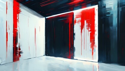 Wall Mural - Futuristic Cyberpunk Background with White Frame Surrounded by Dark and Red Brushstrokes