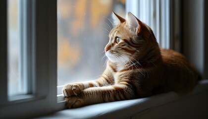 Wall Mural - Curious cat lounging on a window sill, gazing at the world outside