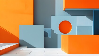 Wall Mural - Energetic interplay of geometric shapes and lines in vibrant orange, soothing blue-gray, and crisp white, perfect for accommodating text or design elements