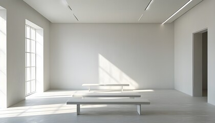 Wall Mural - Minimalist white room featuring a simple white bench against a stark wall